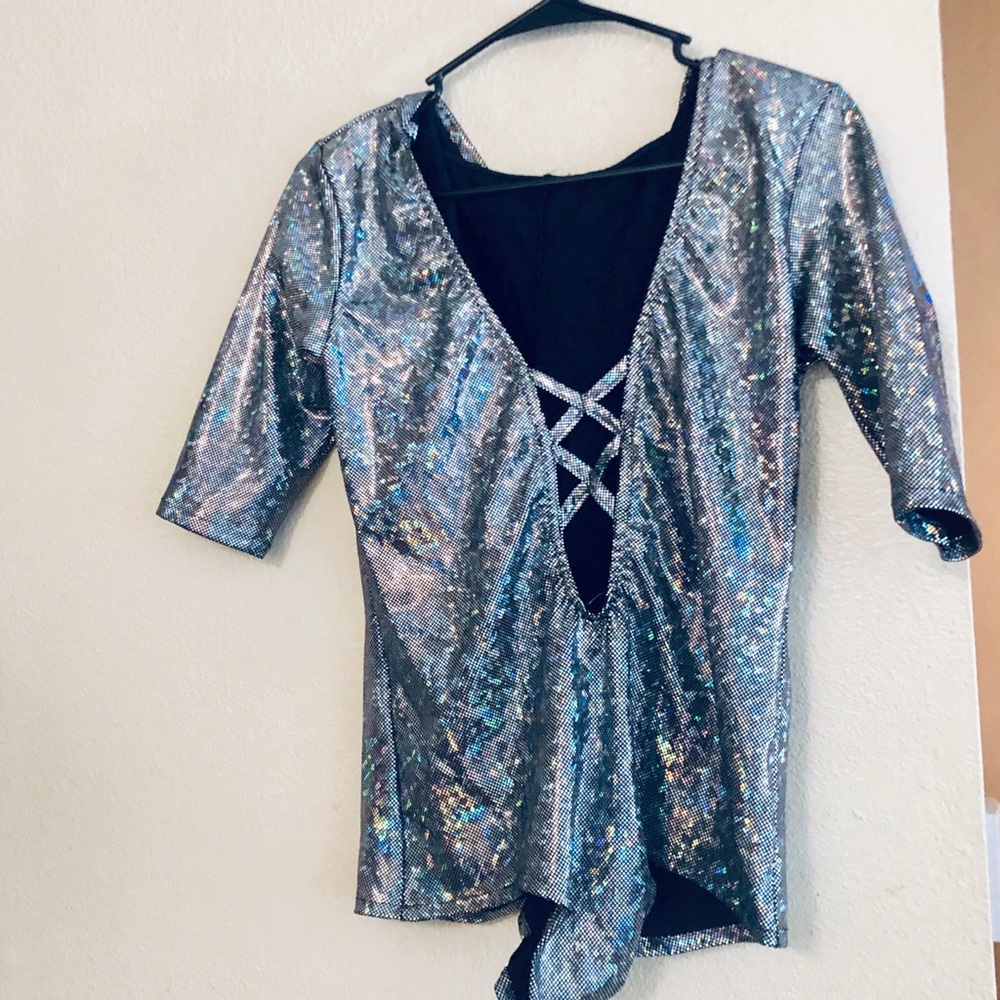 Disco holographic body suit with a hood attached.